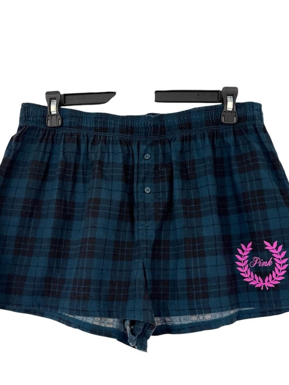 PINK Victoria's Secret Dark Blue Plaid Cotton Lounge Shorts with Pink Logo